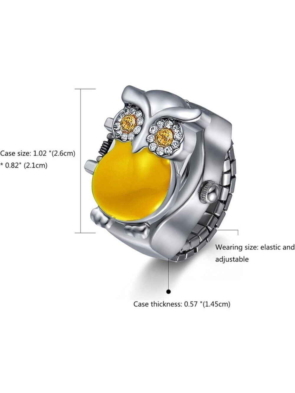 Unisex Yellow Analog Quartz Stylish Owl Flip-Open Cover Adjustable Ring Watch - Picture 6 of 7